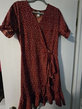 Polka Dot Wrap Midi Dress in Rust Red